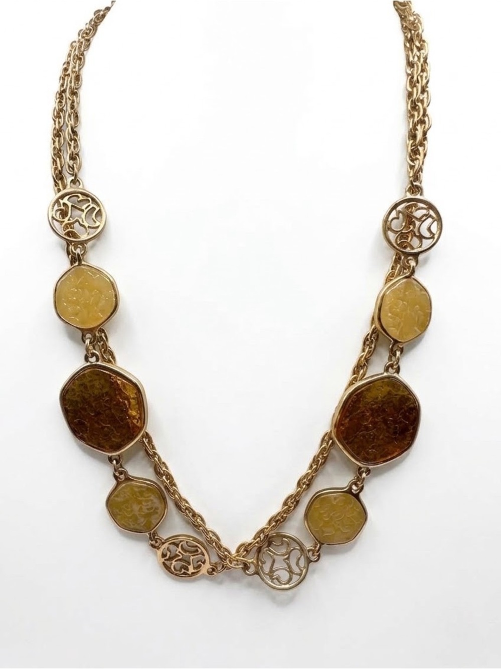 Sarah Cov Vintage Amber Resin & Gold Tone Filigree Statement Necklace (28")